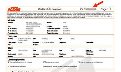 certficat livraison ktm